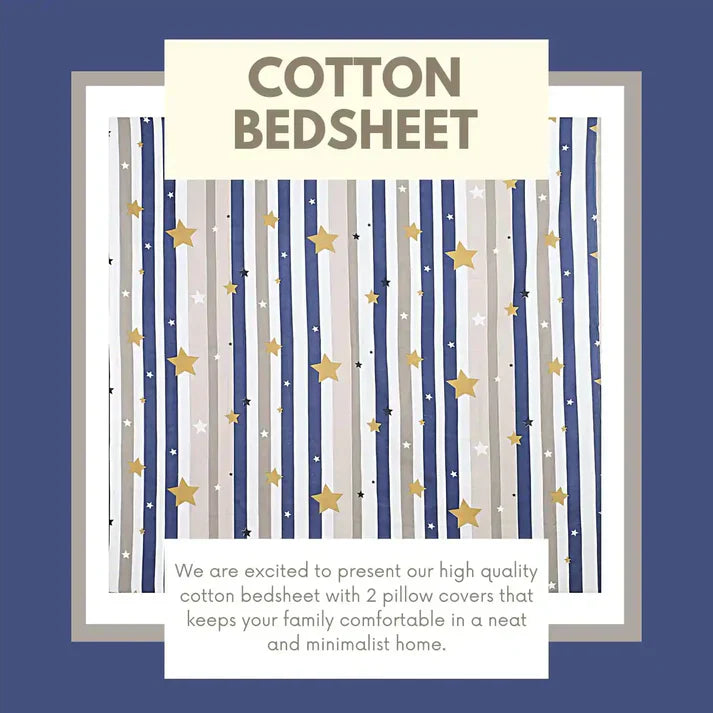 Starry Stripes Double Bed Bedsheet Fitted (Elastic) with 2 Pillow Covers