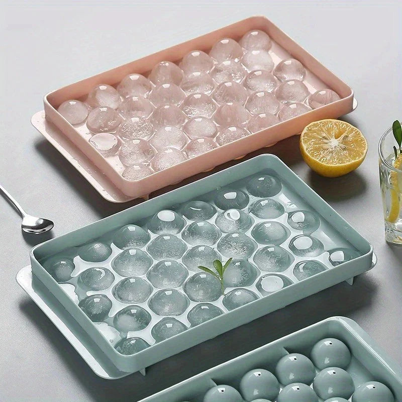 BUY1 GET1 FREE Premium Ice Trays – 33 Diamond Spheres, Stackable, Pastel Pink-Blue-Green, Easy-Release, Food-Grade, Perfect for Cocktails.