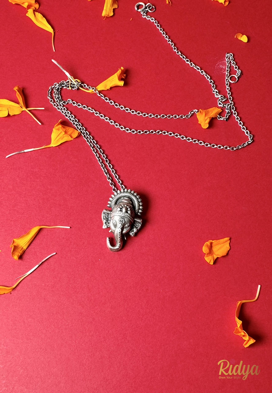Detailed Carved Ganesha Silver plated Rakhi Cum Pendant