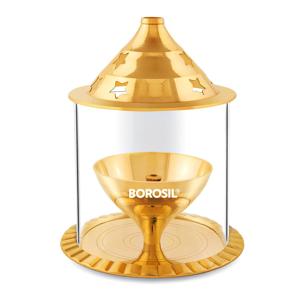 Akhand Diya with Glass Cover – Long Burning Brass Oil Lamp for Puja