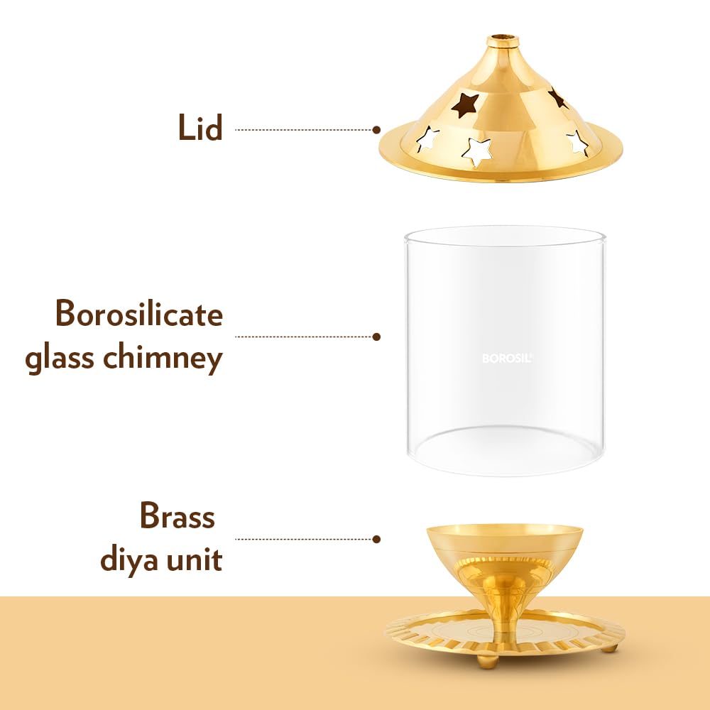 Akhand Diya with Glass Cover – Long Burning Brass Oil Lamp for Puja