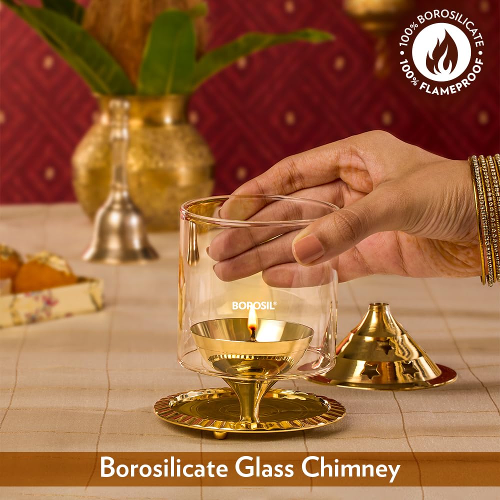 Akhand Diya with Glass Cover – Long Burning Brass Oil Lamp for Puja