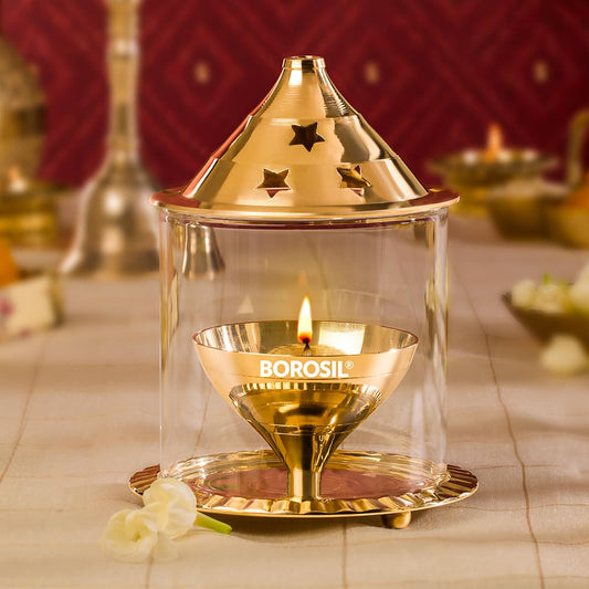 Akhand Diya with Glass Cover – Long Burning Brass Oil Lamp for Puja