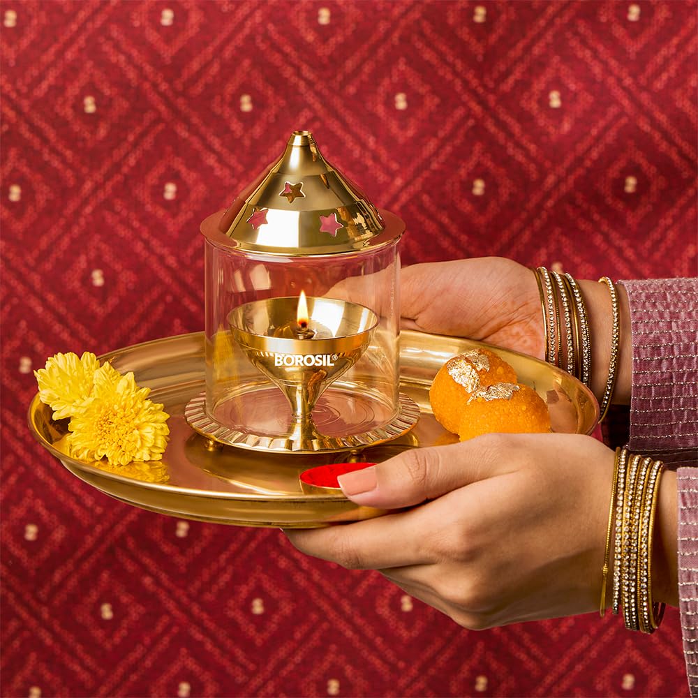 Akhand Diya with Glass Cover – Long Burning Brass Oil Lamp for Puja