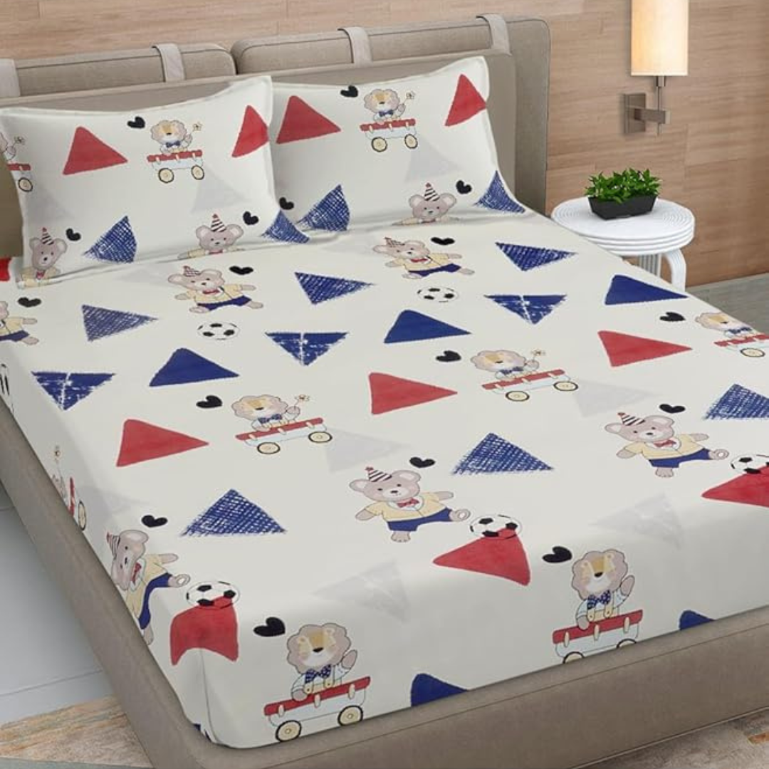 Multicolor Cartoon Print  Cotton Blend King Size Bedsheet with 2 Pillow Covers