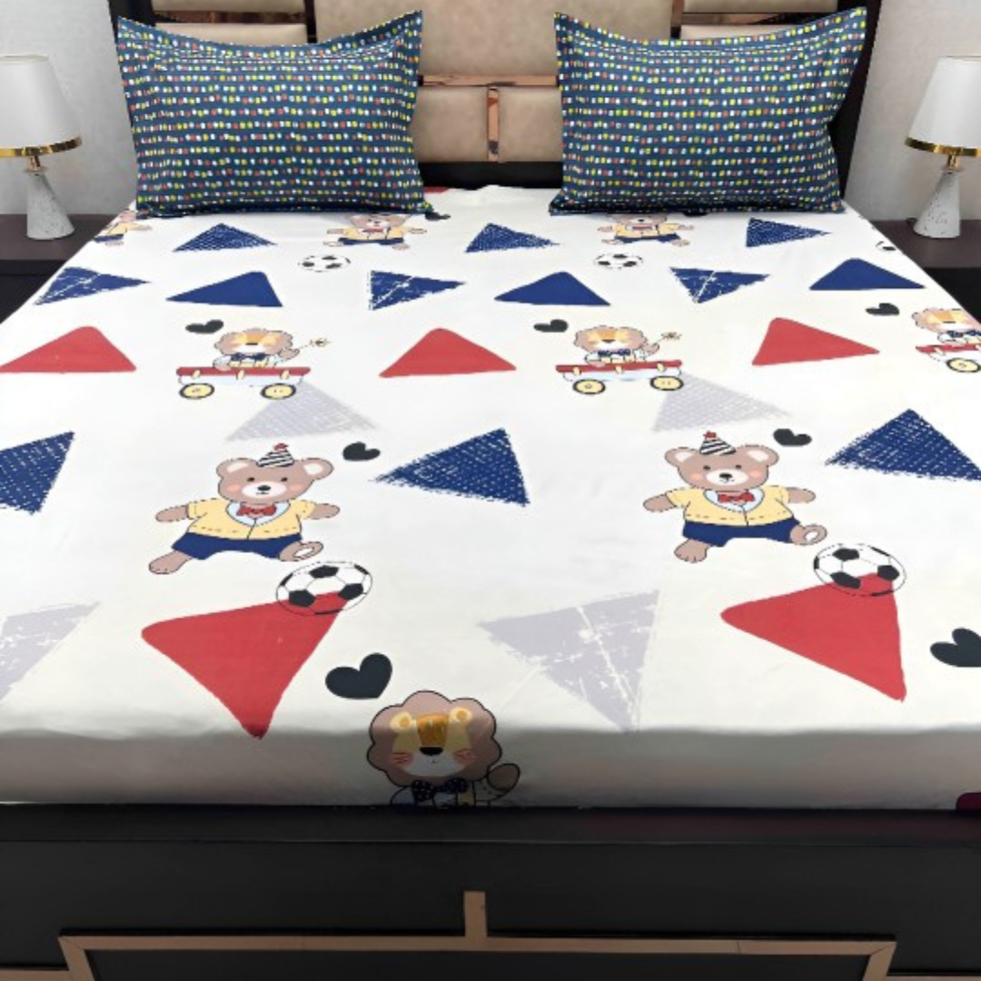 Multicolor Cartoon Print  Cotton Blend King Size Bedsheet with 2 Pillow Covers