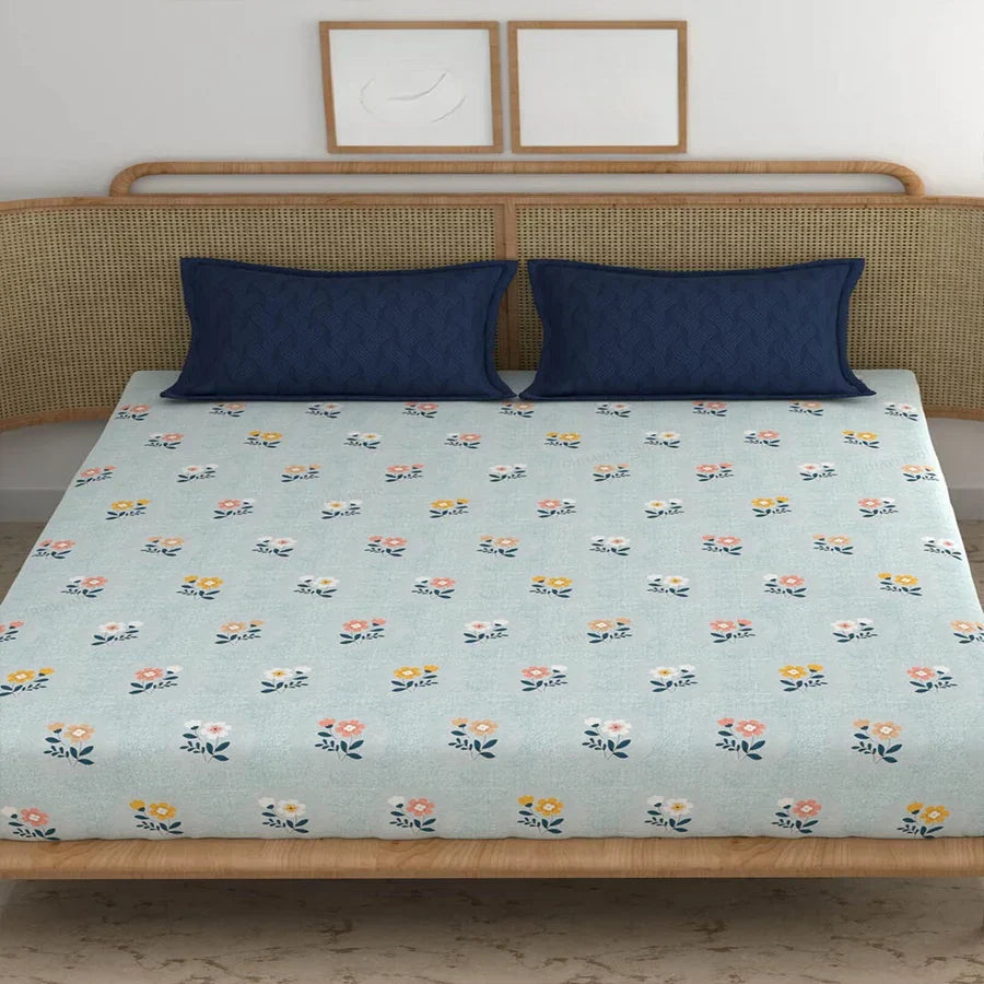 Blue Cotton Blend Elastic Fitted King Bedsheet with 2 pillow covers